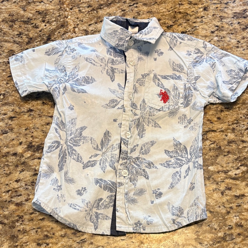Boys Short-Sleeve Button-Up Shirt Navy Leaf Print Red Logo Polo Ralph Lauren